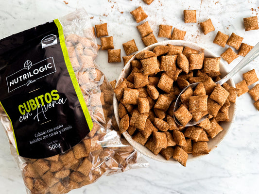 Cubitos con avena rellenas de chocolate semiamargo 95-100gr espolvoreadas con cocoa sin azúcar