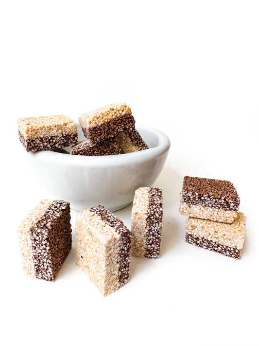 Cuadritos de amaranto con chocolate semiamargo (sin lácteos) con MANÍ 12 pzas