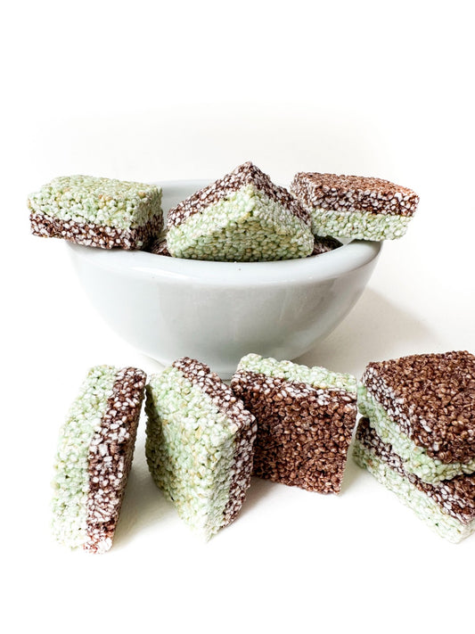 Cuadritos de amaranto con chocolate semiamargo (sin lácteos) con MENTA 12 pzas