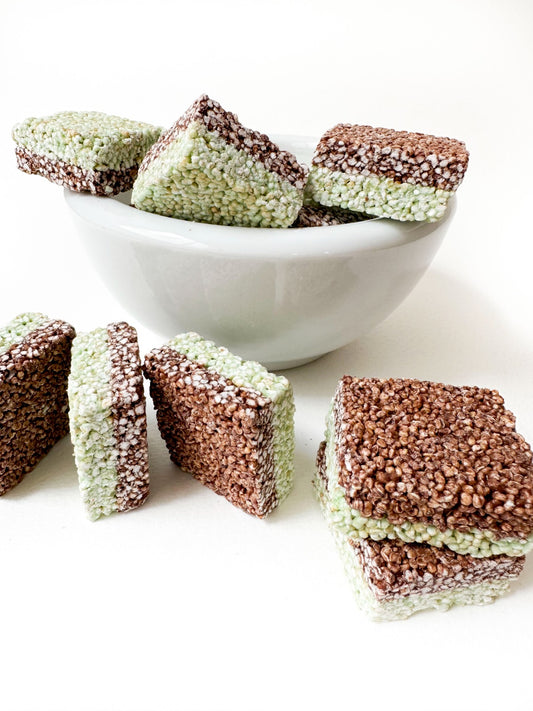 Cuadritos de amaranto con chocolate semiamargo (sin lácteos) con MENTA 12 pzas